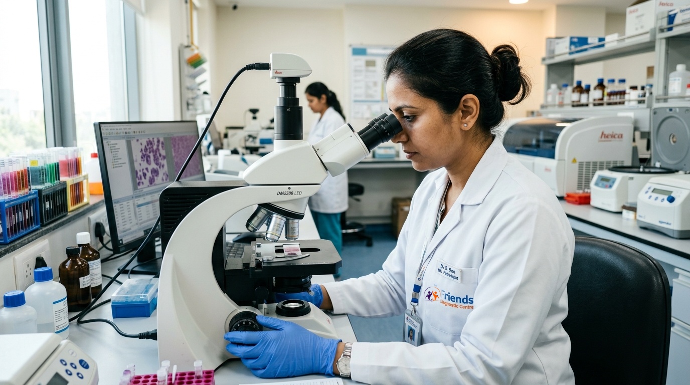 Pathologist wearing Friends Diagnostics logo lab coat