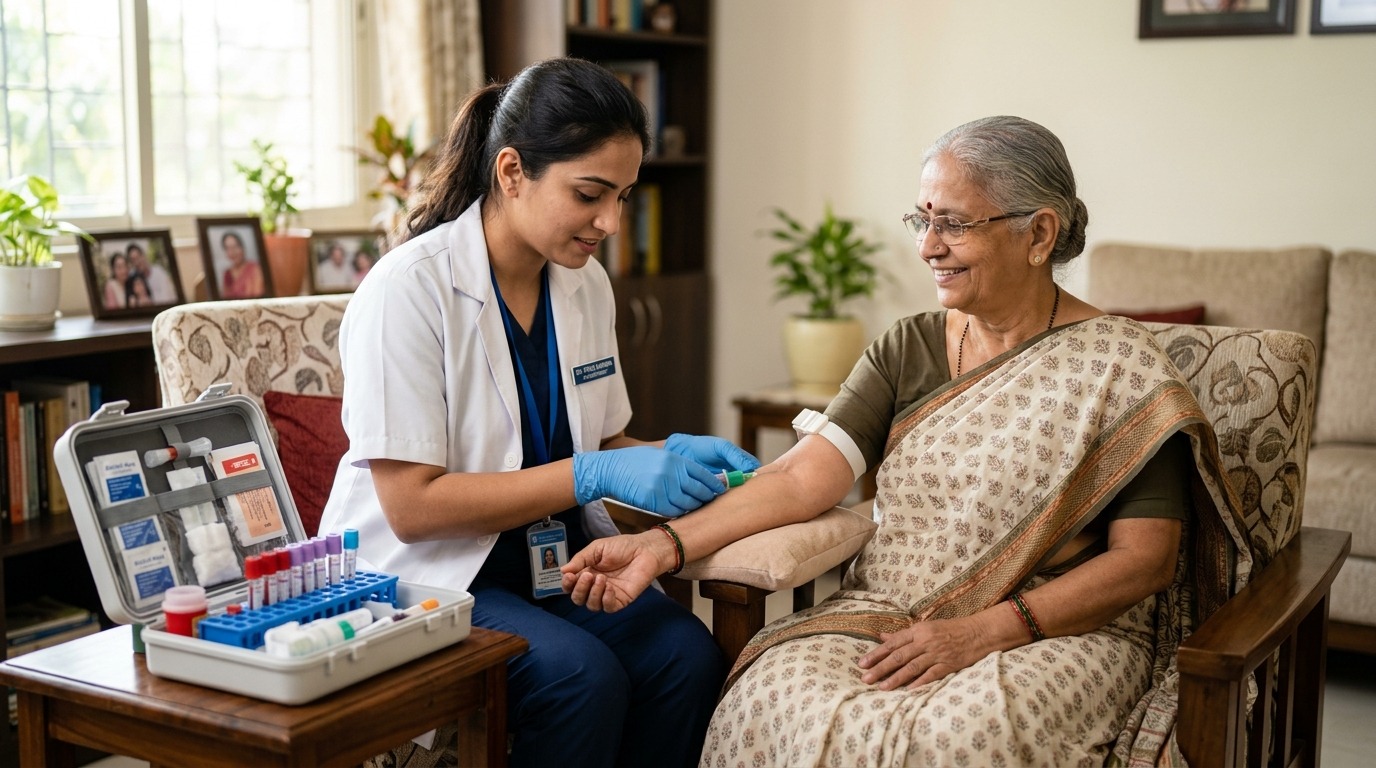 Phlebotomist visiting elderly Tamil couple at home