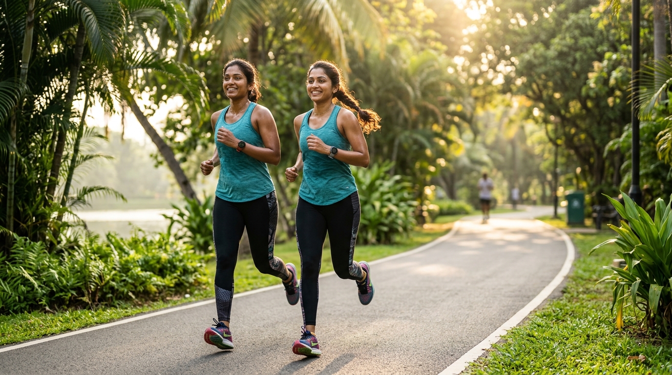 Vibrant healthy Tamil woman jogging in park